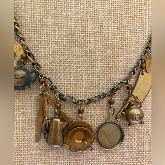 Pididdly Links Vintage Brass Charms Necklace Teapots Frying Pans‎ Plates Knife - Picture 1 of 15